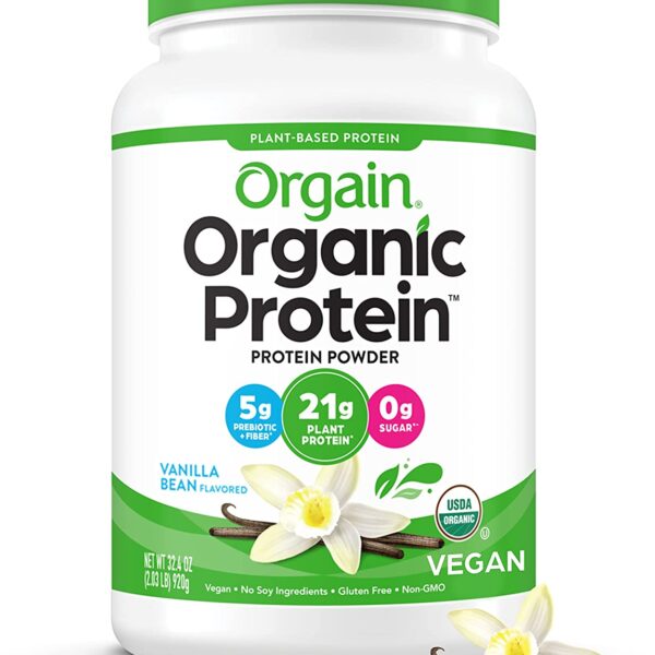 Orgain Organic Plant Based Protein Powder, Vanilla Bean - 21g of Protein, Vegan, Low Net Carbs, Gluten Free, Lactose Free, No Sugar Added, Soy Free, Kosher, Non-GMO, 2.03 Lb